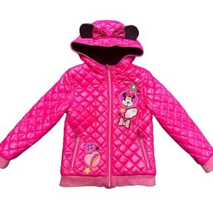 Disney Store Hot Pink Minnie Mouse Puffer Coat With Ears and Bow Girls Size 9/10